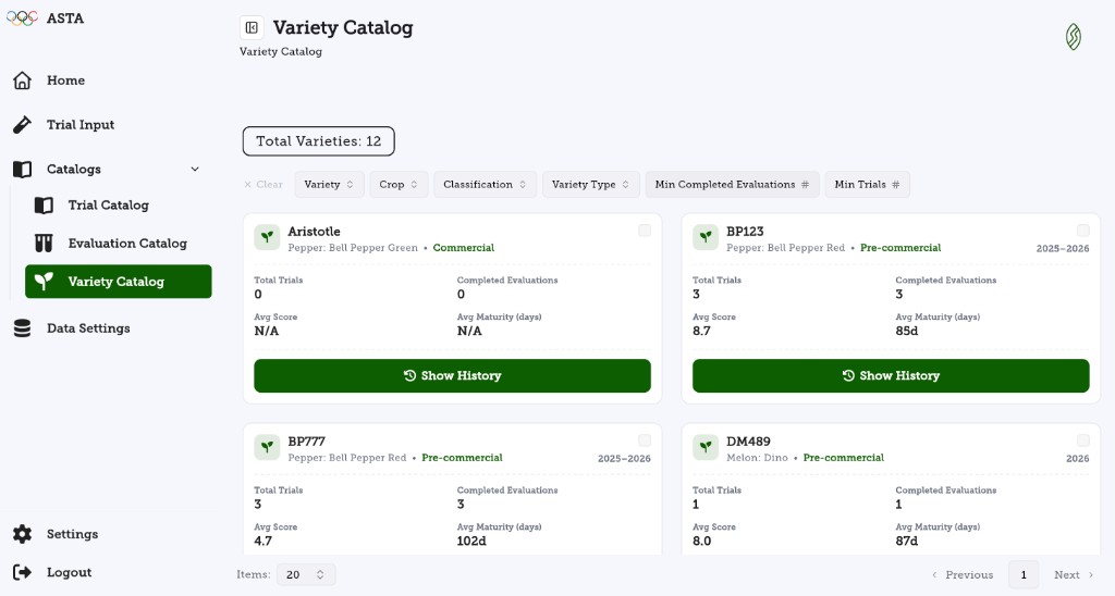 SeedSense Variety Catalog showing variety cards with total trials, completed evaluations, average score, and average maturity