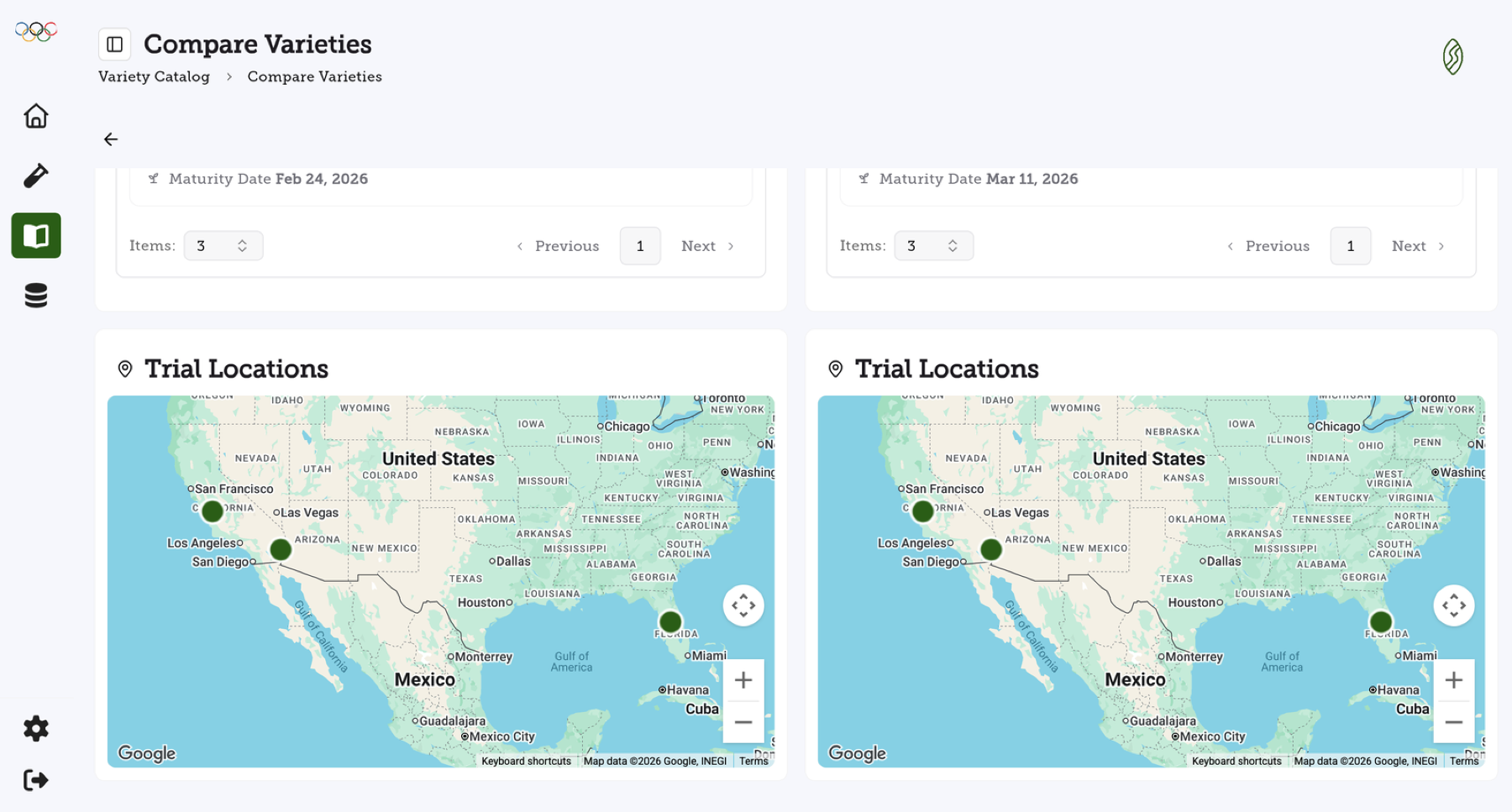 Trial location maps for two varieties shown side by side