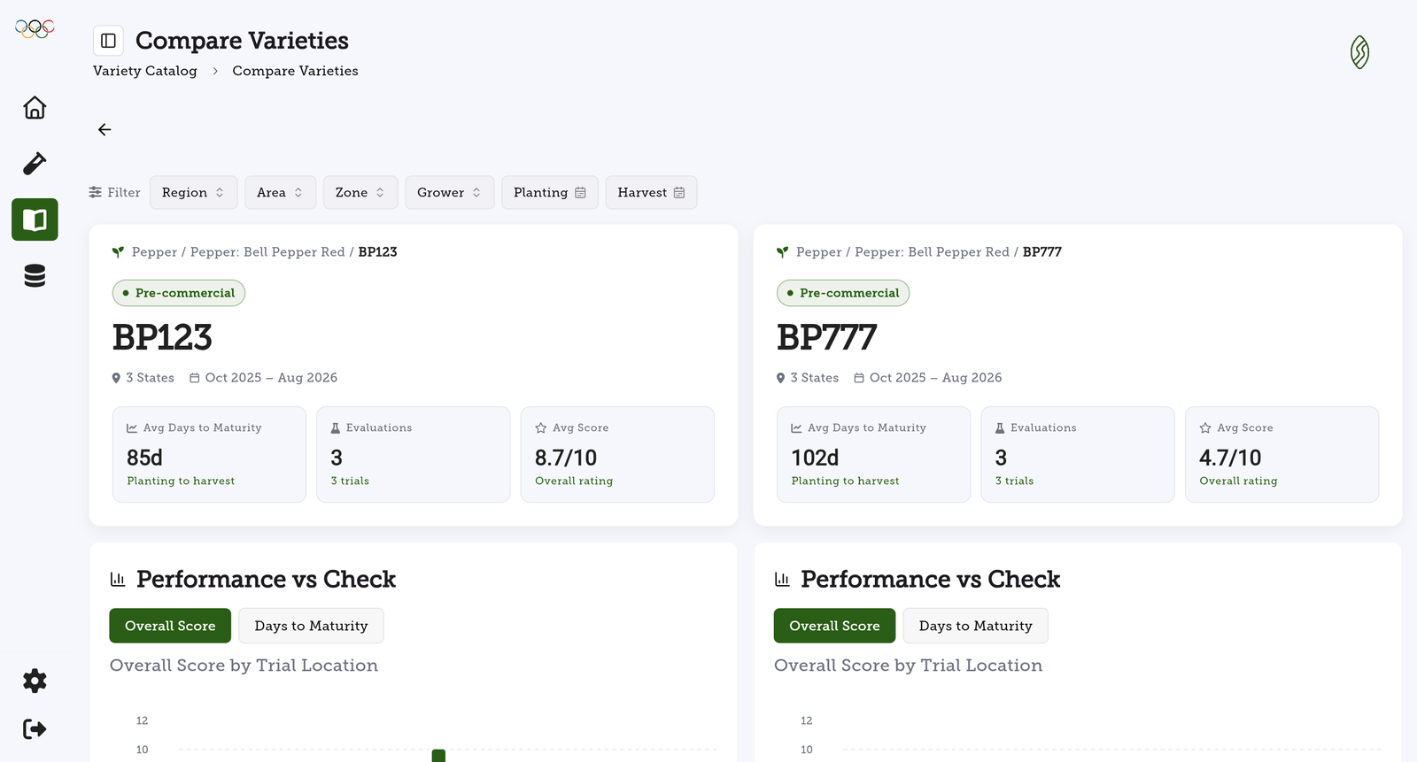 SeedSense web app comparing two varieties side by side